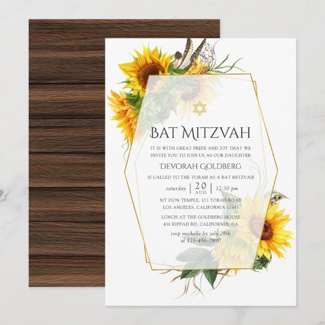 Vattenfärg Solrossolrosrot Bat mitzvah geometrisk Inbjudningar (Fram/baksida)