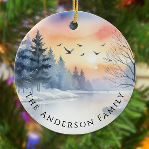 Vattenfärg Soluppgång Vinter Fåglar Sjö Jul Julgransprydnad Keramik