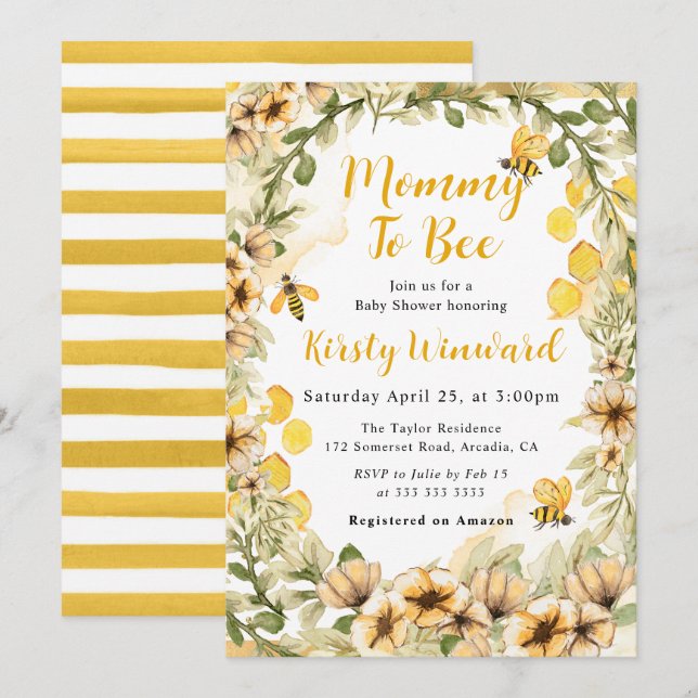 Vattenfärg sommar bin och blommor baby shower inbjudningar (Fram/baksida)