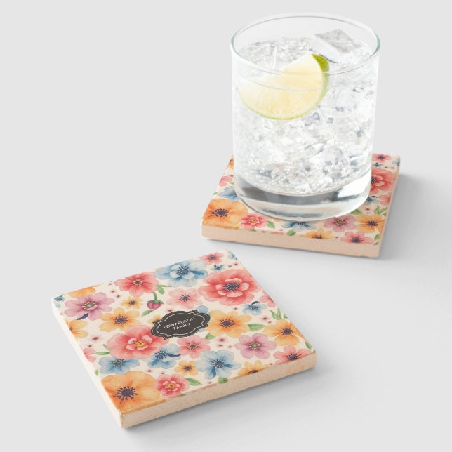 Vattenfärg sommarblommor mönster monogram stenunderlägg (Sidan)