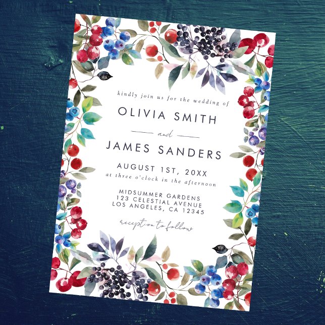 Vattenfärg sommarbröllop med bär inbjudningar (Skapare uppladdad)