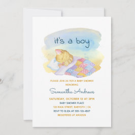 Vattenfärg Sömnig Kitten. Det är en pojkbabyskugga Inbjudningar