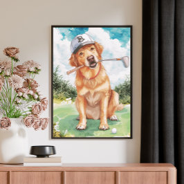 Vattenfärg Söt Golden Retriever Golf Canvastryck