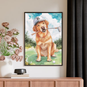 Vattenfärg Söt Golden Retriever Golf Canvastryck
