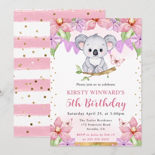 Vattenfärg Söt Koala & Tropiska Blommor Födelsedag Inbjudningar (Fram/baksida)