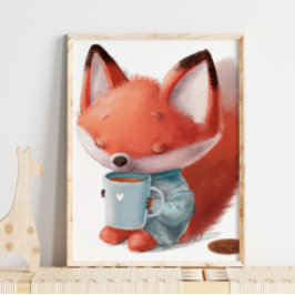 Vattenfärg Söt Räv Kaffe | Räv Vägg Utbildning Poster