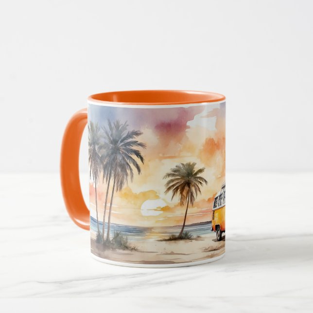 Vattenfärg Söt Sunset Beach och Vintage Buss Mugg (Framsida vänster)