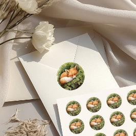 Vattenfärg Sover Räv Grönska Baby Shower Runt Klistermärke