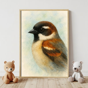 Vattenfärg Sparrow Porträtt Poster