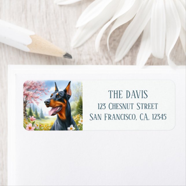 Vattenfärg Springtime Fält från Flowers Doberman - Returadress Etikett (Insitu)