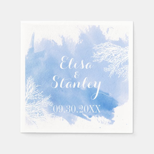 Vattenfärg stänk korallrev blått bröllop pappersservett (Framsidan)