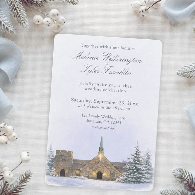 Vattenfärg Stenkapell Vinter Bröllopsinbjudan Inbjudningar (winter stone chapel wedding invitation)