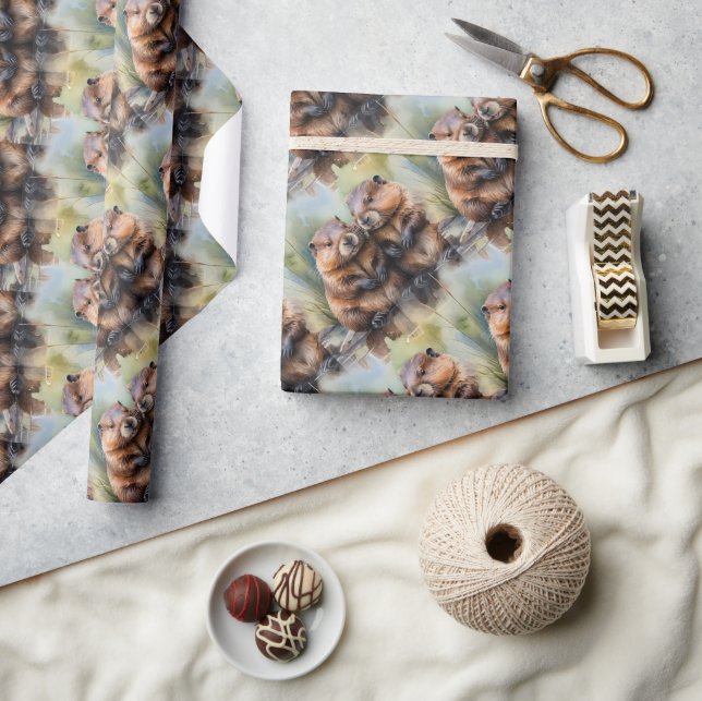 Vattenfärg Stil Beaver par Animal Mönster Art Art Presentpapper (Hantverk)