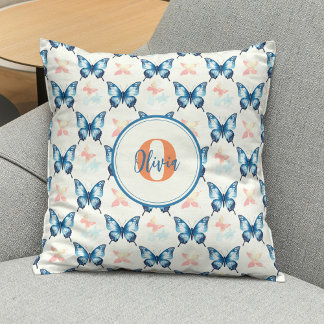 Vattenfärg Stilfull blå fjärilar monogram Kudde
