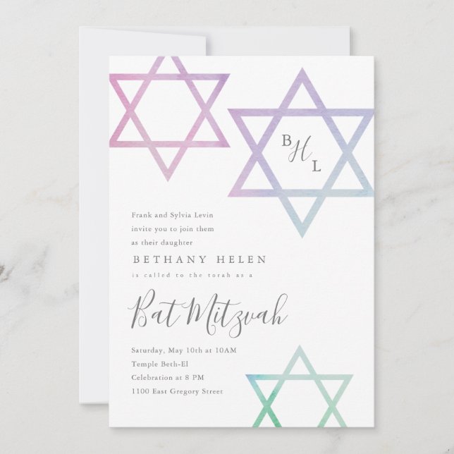 Vattenfärg stjärna av David Bat Mitzvah-inbjudan Inbjudningar (Framsida)