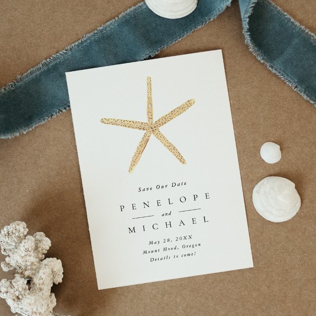 Vattenfärg stjärnfisk strand bröllop spara datum datumet (Watercolor Starfish Beach Wedding Save The Date)