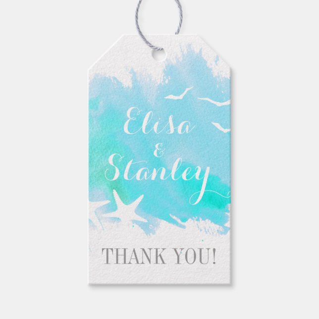 Vattenfärg, stjärnfisksträdbröllop Tack Presentetikett (Framsidan)