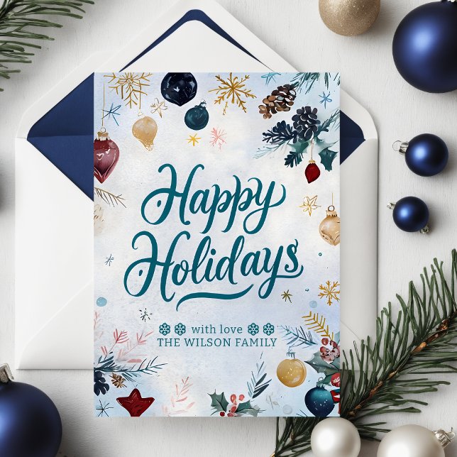 Vattenfärg Stollig Festive Ornaments jul Helg Vykort (Watercolor Whimsy Festive Ornaments Christmas Holiday Card)