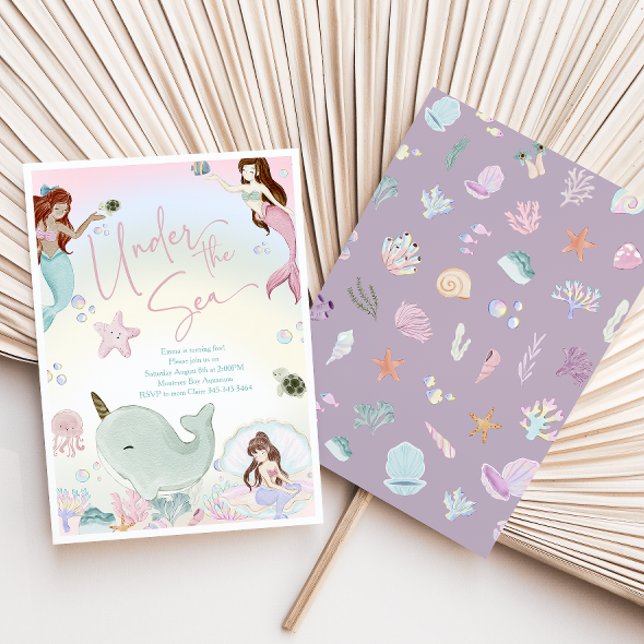 Vattenfärg Storaktiga Sjöjungfruar Flickor födelse Inbjudningar (Skapare uppladdad)