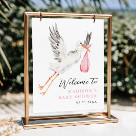 Vattenfärg Stork Rosa Bebis Shower Välkommen Poster