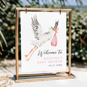 Vattenfärg Stork Rosa Bebis Shower Välkommen Poster
