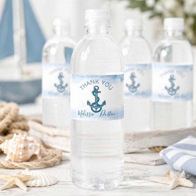 Vattenfärg strand ankare nautisk bröllopspresent vattenflaskor etikett (Watercolor Beach Anchor Nautical Wedding Favor Water Bottle Label)