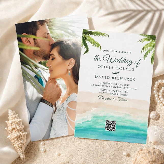 Vattenfärg Strand Foto & QR-kod Bröllop Inbjudningar (Watercolor Beach Photo & QR Code Wedding Invitation)