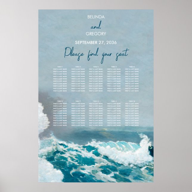 Vattenfärg Strand Havsvågor Bröllopsställningsdiag Poster (Framsidan)