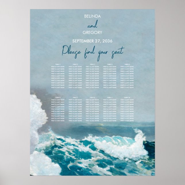 Vattenfärg Strand Havsvågor Bröllopsställningsdiag Poster (Framsidan)
