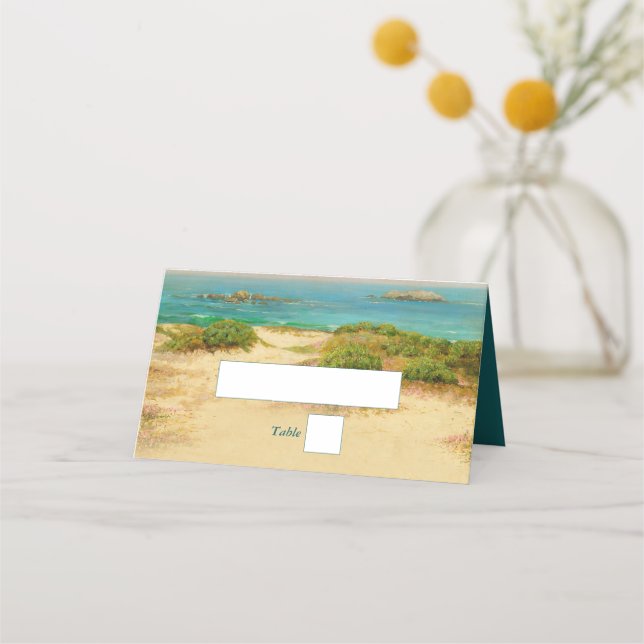 Vattenfärg Strand Kust Bröllopsdestination Namn Placeringskort (Framsida)