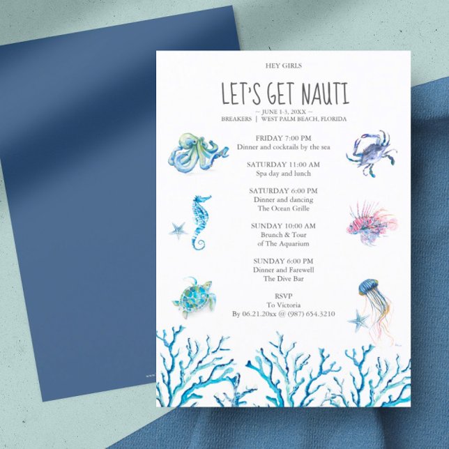 Vattenfärg strand möhippa resa plan (bachelorette party invitation beach watercolor art by Victoria Grigaliunas)