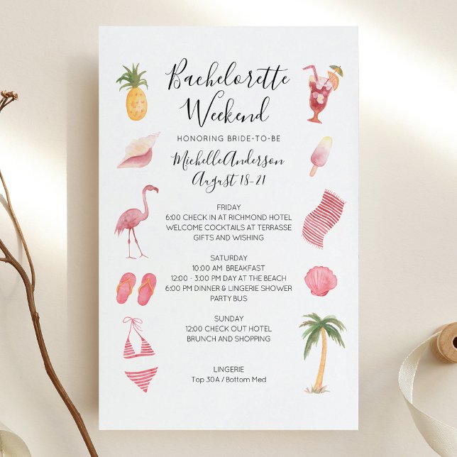 Vattenfärg Strand Möhippsveckoschema (Watercolor Beach Bachelorette Weekend Itinerary Invitation)