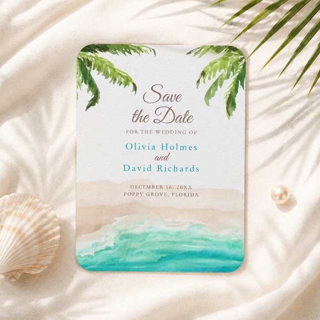 Vattenfärg Strand och Palmblad Spara Datum Magnet (Watercolor Beach and Palm Leaves Save the Date Magnet)