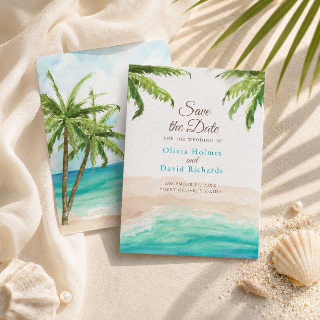 Vattenfärg Strand & Palmträd Bröllop Spara Datumet (Watercolor Beach & Palm Trees Wedding Save The Date)