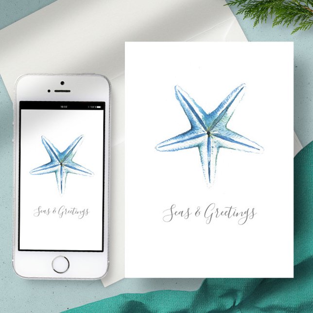 Vattenfärg Strandstjärna Personlig Julkort Helgkort (Digital Christmas Cards Beach Starfish sea star blue
)