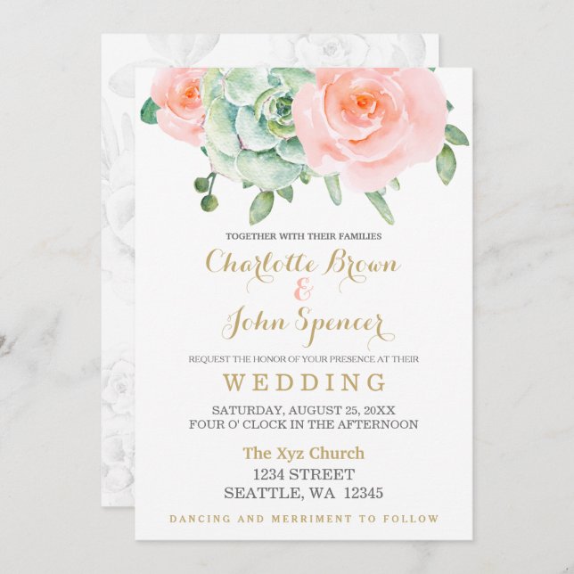 Vattenfärg Succulent  Blommigt Elegant bröllop Inbjudningar (Fram/baksida)