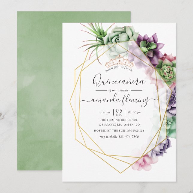 Vattenfärg Succulent Geometric Quinceañera Inbjudningar (Fram/baksida)