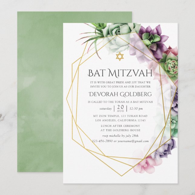 Vattenfärg Succulric Geometric Bat mitzvah Inbjudningar (Fram/baksida)