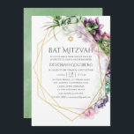 Vattenfärg Succulric Geometric Bat mitzvah Inbjudningar<br><div class="desc">Trendiget överträffar bröllop bat mitzvah med guld-geometriska ram och sage grönt vattenfärg tvättar omvänt.</div>