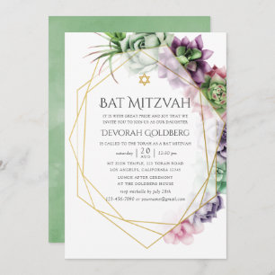 Vattenfärg Succulric Geometric Bat mitzvah Inbjudningar