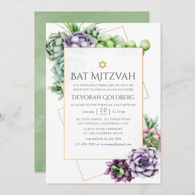Vattenfärg Succulric Geometric Bat mitzvah Inbjudningar (Fram/baksida)