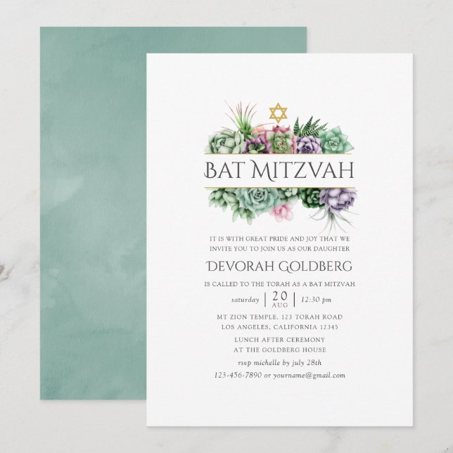Vattenfärg Succulric Geometric Bat mitzvah Inbjudningar (Fram/baksida)