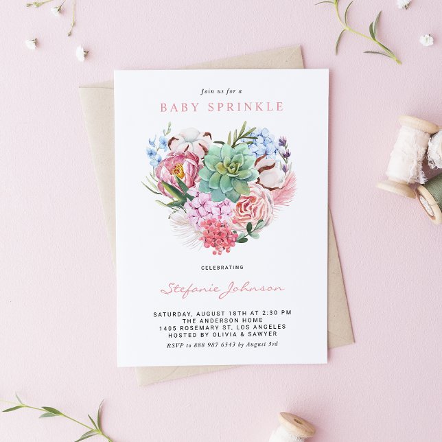 Vattenfärg Succult Blommigt Heart Baby Sprinkle Inbjudningar (Skapare uppladdad)