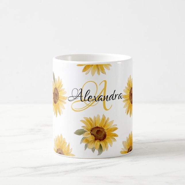 Vattenfärg Sunblommor | Blommigt Namn och Monogram Kaffemugg (Center)