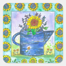 Vattenfärg Sunblommor Fyrkantigt Klistermärke