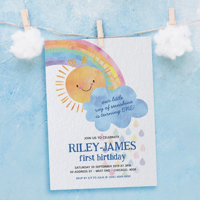 Vattenfärg Sunshine och Regnbåge Birthday Inbjudningar (Celebrate with this rainbow invitation, that's bursting with colors and good vibes!)