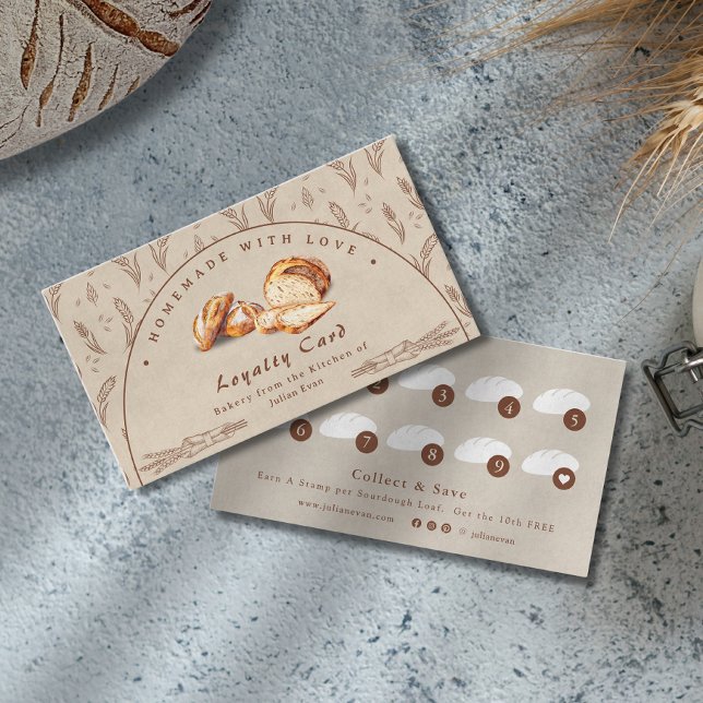 Vattenfärg Surdeg Brödbutik Loajalitetskort Visitkort (Watercolor Sourdough Bakery Loyalty Card)