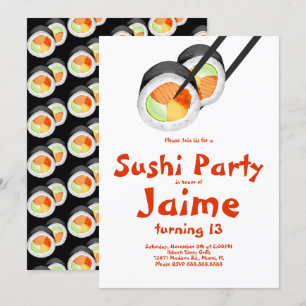 Vattenfärg Sushi-rullar Tonåring Födelsedag Hibach Inbjudningar