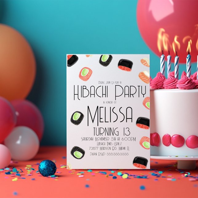 Vattenfärg Sushi Tonåring Födelsedagsfest Hibachi  Inbjudningar (Skapare uppladdad)