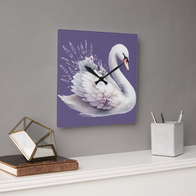 Vattenfärg Svan med Lavender Blommigt Fyrkantig Klocka (Kontor)
